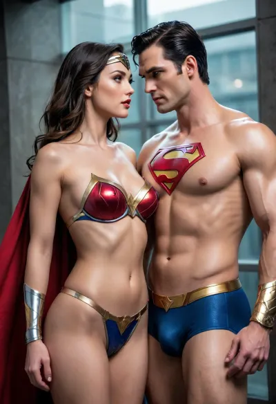 Superman and Wonder Woman, sex, 金鋼狼+神力女超人, microbikini, <lora:microbikini_sdxl_1:.5>