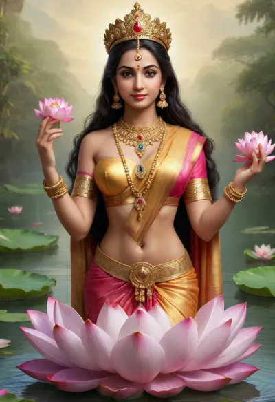 **AI Image Generator Prompt, **

Sexy Hindu goddess Lakshmi, "Create a photorealistic image of the Hindu goddess Lakshmi, embodying beauty, wealth, and prosperity. Lakshmi has a graceful, serene appearance with golden skin that radiates divine light. Her long, flowing hair is dark and smooth, often styled elegantly with flowers or jewels. Her face is gentle, with soft, compassionate eyes that convey warmth and kindness, framed by delicate features that reflect both grace and wisdom.

Lakshmi wears a richly adorned sari, usually in red, gold, or pink, symbolizing abundance and good fortune. The sari is intricately embroidered with patterns of lotus flowers and other auspicious symbols, reflecting her connection to prosperity. Around her neck, she wears a necklace of precious jewels, and her wrists are adorned with golden bangles, further symbolizing her divine wealth. Her crown is ornate, with jewels sparkling brightly in the light, signifying her status as a goddess.

She is often depicted sitting on a lotus flower, which floats on water, representing purity, beauty, and spiritual enlightenment. Lakshmi has four arms, each holding symbols of abundance, a lotus flower in one hand, a pot of gold or coins in another, and the remaining hands may show gestures of blessing or protection. The lotus flower, an important symbol in her iconography, radiates beauty and spiritual growth.

The background is serene and peaceful, with soft golden light illuminating her figure. The environment may feature floating lotus flowers, lush gardens, or wealth-filled offerings, reinforcing her association with fortune and prosperity. Lakshmi’s presence is calm and peaceful, exuding divine grace, compassion, and the promise of wealth, good fortune, and harmony."