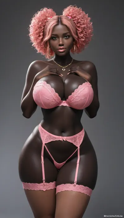 SSBBW, Breast Expansion, Extremely Large Ass, Bimbo, Topless, Volumetric, 18+, shameless fuckdoll, pink lingerie bustier thong garter belt lingerie, bdsm sexy thigh garter belt leg harness, gold necklace and earrings, sexy well developed african woman, (coal black skin:1.3), totally black body, meaty wide hips, extremely juicy tits, massive thighs, nude firm tits, nude torpedo tits, wet oiled juicy skin, instagram thick model, smiling, cream candy sweet theme, enticing accessories, extremely attractive sexy body, extremely fuckable dsl face, extremely sexy waist, extremely beautiful attractive smile, attractive beautiful eyes, extremely meaty shapely legs, exaggerated shapely curvy hips, overflowing chubby juicy body, meaty bubble ass, booty modeling, strawberry blonde afropuffs, strawberry blonde full afro buns, juicy gigantic lips, prognathism, prognathic mouth, wide african nose, african beauty, extremely exaggerated bimbo lips, vulgar bombshell showing off, voluptuous hyperfeminine luscious body, mystical subsaharan african sex goddess, (topless)