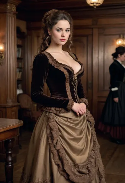 A realistic and detailed image of a tan and chesty, female from the 1870s with her brunette hair styled in an long messy with curls, She is dressed in a gorgeous dark brown velvet travel gown with a tight bodice and long sleeves, made from rich fabrics such as silk and velvet or brocade. The bodice is designed with fur trim, adding a touch of allure to her elegant attire. The skirt of the gown creating a voluminous and luxurious silhouette. The woman is posed standing in a busy wooden wild west saloon with cowboys, (she showing her breasts), pulling down her top to reveal big real saggy tits. The saloon is intricately detailed, providing a striking contrast to the woman's elegant attire. The background features further emphasizing the authenticity of the 1870s setting.