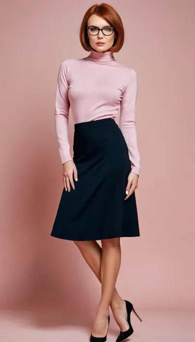 (prostokvashino), (uncle fyodor's mother), 35 years old woman, smooth red hair, short bobcut hair, big beautiful blue eyes, skinny face, thin cheeks, small cheekbones, sharp nose, small lips, Small round breasts, slim waist, wide hips, long legs, black plastic glasses with square lenses, <lora:Her_Eyes:.5>, Pink turtleneck sweater with long sleeves, long black skirt, high heels