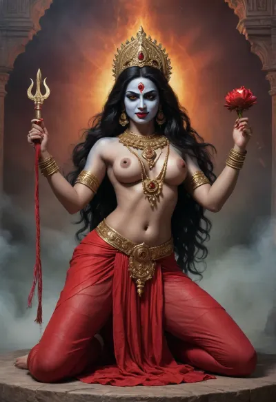 Hindu goddess Kali, sexy, sexy legs, midriff, large breasts, **AI Image Generator Prompt, **

"Create a detailed image of the Hindu goddess Kali, depicted in her most iconic and fierce form. Kali has dark, almost black skin, symbolizing her connection to the divine and the infinite. Her long, disheveled black hair flows wildly around her face and shoulders, adding to her fierce, untamed nature. Her face is strikingly intense, with wide, fierce eyes that convey both power and wrath. Her mouth is open, revealing her long, sharp teeth and her iconic protruding, blood-red tongue, which gives her a terrifying yet captivating look.

Kali is adorned with various ornaments that emphasize her divine power. She wears a necklace made of severed heads, symbolizing the destruction of ego and the transience of life. Her arms are multiple, usually depicted as four or more, with each hand holding different symbolic items, a sword, a trident, and a severed head, while her other hands may be in mudras or gestures of blessing and protection. Her attire consists of a simple, flowing skirt made of human arms or sometimes a cloth adorned with skulls. She stands on the body of her consort, Lord Shiva, symbolizing the balance of creation and destruction, life and death. Her posture is dynamic and powerful, with one foot lifted, ready to stomp. She exudes an aura of fearlessness and strength, as her fierce energy radiates throughout the scene.

The background is typically a dark, chaotic environment, with swirling flames or the dark night sky, emphasizing her association with destruction and transformation. Despite her intimidating appearance, there is an undeniable sense of profound spirituality and liberation in her presence, embodying both the terrifying and transformative aspects of existence."