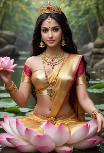 **AI Image Generator Prompt, **

Sexy Hindu goddess Lakshmi, "Create a detailed image of the Hindu goddess Lakshmi, embodying beauty, wealth, and prosperity. Lakshmi has a graceful, serene appearance with golden skin that radiates divine light. Her long, flowing hair is dark and smooth, often styled elegantly with flowers or jewels. Her face is gentle, with soft, compassionate eyes that convey warmth and kindness, framed by delicate features that reflect both grace and wisdom.

Lakshmi wears a richly adorned sari, usually in red, gold, or pink, symbolizing abundance and good fortune. The sari is intricately embroidered with patterns of lotus flowers and other auspicious symbols, reflecting her connection to prosperity. Around her neck, she wears a necklace of precious jewels, and her wrists are adorned with golden bangles, further symbolizing her divine wealth. Her crown is ornate, with jewels sparkling brightly in the light, signifying her status as a goddess.

She is often depicted sitting on a lotus flower, which floats on water, representing purity, beauty, and spiritual enlightenment. Lakshmi has four arms, each holding symbols of abundance, a lotus flower in one hand, a pot of gold or coins in another, and the remaining hands may show gestures of blessing or protection. The lotus flower, an important symbol in her iconography, radiates beauty and spiritual growth.

The background is serene and peaceful, with soft golden light illuminating her figure. The environment may feature floating lotus flowers, lush gardens, or wealth-filled offerings, reinforcing her association with fortune and prosperity. Lakshmi’s presence is calm and peaceful, exuding divine grace, compassion, and the promise of wealth, good fortune, and harmony."
