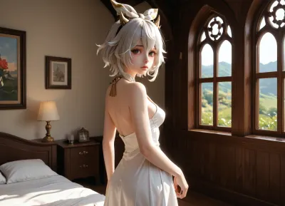gan yu from genshin impact, standing in the bedroom, evening outside the window, medium breasts, small breasts, attractive hips, attractive butt, small horns on the head like in genshin impact, small golden bell on the neck