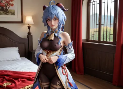 ((GanYu from the game "Genshin Impact")), a masterpiece, stands in the bedroom, facing the viewer, a beautiful face, a well-drawn face, a detailed face, smiling slightly, smiling with just his lips, ((dressed, dressed in GanYu's clothes, dressed as in the game)), (tight trousers, as in "Genshin impact"), high heels, as in the game, a window and a bed behind her, the night outside, medium breasts, small breasts, attractive hips, a small golden bell around her neck.
