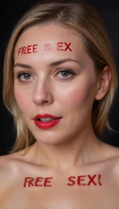 Portrait photo of a naked 35 year woman, closeup, (the word 'free sex' written on her face:1.6), red lipstick, nude, body writing, color photo, highly detailed, sharp focus, cinematic lighting, couple, <lora:texta:.8>, <lora:288407_training_data:1>, <lora:XL-coupleMV2:.6>