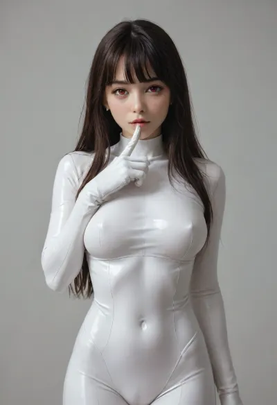 1girl, breasts, solo, red_eyes, black_hair, long_hair, large_breasts, gloves, looking_at_viewer, bangs, bodysuit, white_gloves, simple_background, covered_navel, blunt_bangs, parted_lips, very_long_hair, finger_to_mouth, grey_background, skin_tight, white_bodysuit, blush