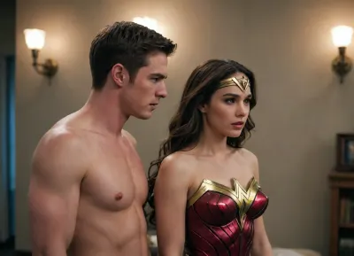 The Flash man and Wonder Woman, sex, breastclamp, <lora:breastclamp_SDXL_reg0_03s:.5>, 閃電俠 神力女超人