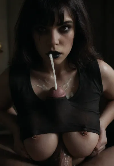 Front view photograph of a woman, woman is a 40yo caucasian MILF, warm lighting, dimly lit, (((UHD 8K, masterpiece, best quality, maximum details, extreme realism, cinematic still))), (in bedroom), ((((black crop top))), ((black lipstick)), ((running mascara))), (((((dirty black hair and bangs))))), (bobcut), ((medium breasts)), cleavage, ((sagging)), ((((hands behind her back)))), (cumshot:2.6), (cum on chest:2), ((((underboob)))), (((pierced nipples, nipple rings))), ((((huge African penis)))), (titfuck under clothes:1.9), ((((close-up)))), sagging, breasts, r3tro_cumshotz, <lora:sagging-000015:.55>, <lora:r3tro_cumshotz  SDXL Lora:.7>, <lora:dark:.45>, piercing, ring, <lora:nippleRing:.4>