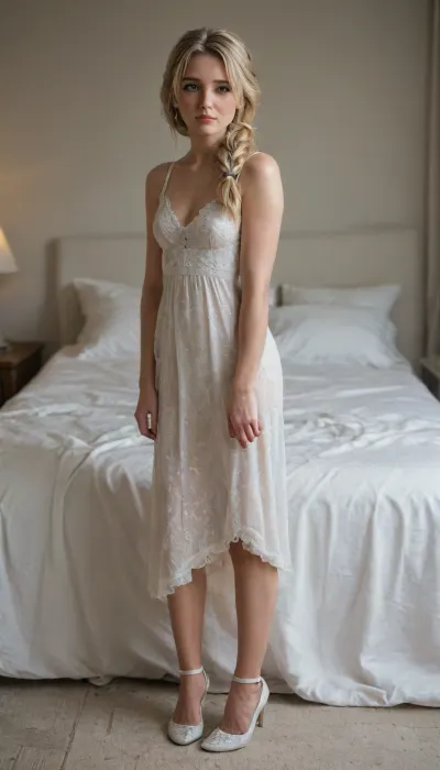 Astrid from how to train your dragon, blonde messy ponytail, light blue eyes, white full body dress, white heels, lots of cum, bedroom, on bed