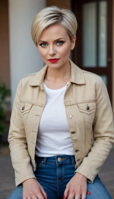 beautiful, Russian woman, Natasha, 46 years old, blonde, short haircut, pixie haircut, blue eyes, bright makeup, red lips, jeans, denim jacket, thick-soled sneakers