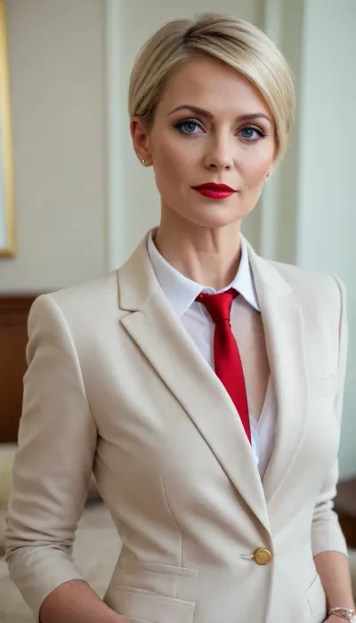 very beautiful, Russian woman, Natasha, 46 years old, blonde, short haircut, pixie haircut, blue eyes, bright makeup, red lips, medium breasts, full hips, men's pantsuit, tie