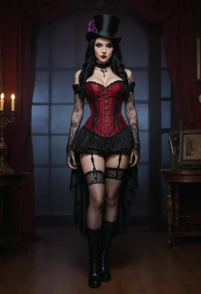 Hyperrealitc photograph of a gorgeous 20yo American trad goth girl with a slim build and large breasts, high cheekbones, small nose, high eyebrows, long black hair with light purple highlights, wearing a long flowing red lace dress and knee-high black high heel boots, top hat, laced corset, long lace gloves, sheer panty hose, traditional goth makeup, jewelry, tattoos, piercings, studio lighting, gothic style den background, professional photoshoot quality