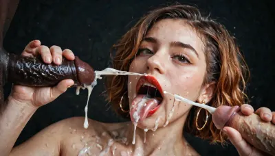 (Macro photo), (extreme close up:1.2), front view, Photorealistic, high resolution, professional photography, (open mouth), (extended tongue), (detailed tongue), red lipstick, excessive cum on tongue, short smooth ginger bobcut hair, 3 african black men, handjob, masturbating, ejaculation, projectile cum, topless, cum dripping from chin, tongue sticking out, black background.