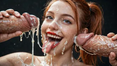 (Macro photo), (extreme close up:1.2), front view, Photorealistic, professional photography, (open mouth), (extended tongue), (eyes are smiling), red lipstick, excessive cum on tongue, short smooth ginger bobcut hair, ponytail 2 white men, handjob, topless, cum dripping from chin, tongue sticking out, black background.