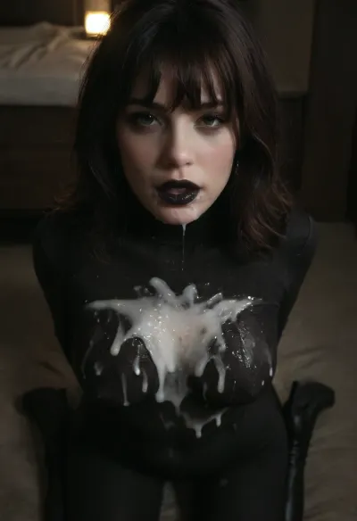Close-up photo of a fully-clothed woman kneeling, woman is 40yo Caucasian milf, warm lighting dimly lit, (((UHD 8K, masterpiece, best quality, maximum details, extreme realism, cinematic still))), (in motel room), ((((black sheer bodysuit))), black boots, ((black lipstick))), (((((black hair and bangs))))), (medium breasts), ((sagging)), ((arms behind back)), (cum on clothing:2.3), (bukkake:2), (((High angle POV))), sagging, breasts, r3tro_cumshotz, <lora:sagging-000015:.45>, <lora:r3tro_cumshotz  SDXL Lora:.7>, <lora:dark:.25>, bukkake, cum, <lora:MS_Real_XL_Bukkake:.5>