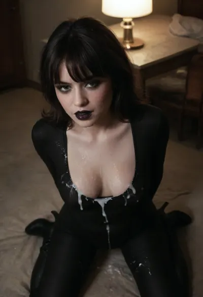 Close-up photo of a fully-clothed woman kneeling, woman is 40yo Caucasian milf, warm lighting dimly lit, (((UHD 8K, masterpiece, best quality, maximum details, extreme realism, cinematic still))), (in motel room), ((((black sheer bodysuit))), black boots, ((black lipstick))), (((((black hair and bangs))))), (medium breasts), ((sagging)), ((arms behind back)), (cum on clothing:2.3), (bukkake:2), (((High angle POV))), sagging, breasts, r3tro_cumshotz, <lora:sagging-000015:.45>, <lora:r3tro_cumshotz  SDXL Lora:.7>, <lora:dark:.25>, bukkake, cum, <lora:MS_Real_XL_Bukkake:.5>
