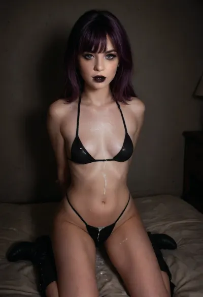 Close-up photo of a fully-clothed woman kneeling, woman is a 40yo Caucasian milf, warm lighting, dimly lit, (((UHD 8K, masterpiece, best quality, maximum details, extreme realism, cinematic still))), (in motel room), ((((black bikini))), black boots, (black lipstick and runny mascara)), (((((dirty purple hair and bangs))))), ((tiny breasts)), ((sagging)), ((arms behind back)), (cum on clothing:2.3), (bukkake:2), (((front view))), sagging, breasts, r3tro_cumshotz, <lora:sagging-000015:.45>, <lora:r3tro_cumshotz  SDXL Lora:.6>, <lora:dark:.3>, bukkake, cum, <lora:MS_Real_XL_Bukkake:.4>, raw, lighting, overexposed, harsh, flash, <lora:Rawfully Stylish v0.2_epoch_20:.45>