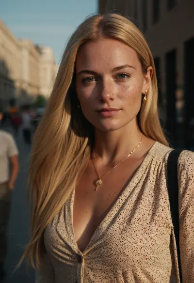 candid photo, beautiful 30 year old woman, no makeup, jewelry, elegant, pretty eyes, long straight blonde hair, Full body view, fashion, casual, tan skin, (looking at me), walking in a city, looking at me, freckles, smirk, elegant clothing
