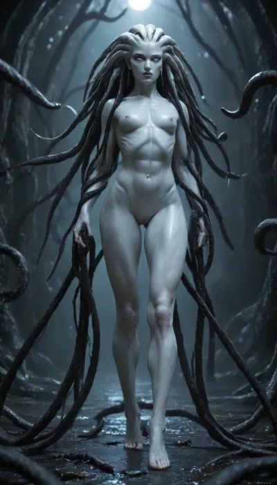 1 femalien fucking pussy with dildo, (rear view), (large thin lips:1.4), (long revealing ornate black clothing:1.4), (extremely long tentacle hair:1.5), black hair, (small thin face:1.2), (blue and white skin:1.2), (very long thick eyelashes:1.1), (pure white eyes:1.4), (muscular alien body:1.6), collarbones, (earrings:1.1), (sexy tiny breasts:1.3), (thin waist:1), (small nipples:1.2), (bubble butt:1.3), (muscular thighs:1.3), (long legs:1.6), long arms, (nude:1.3), (full body view:1.3), (massive creampie:1.2), (perfect eyes:1.3), 8k, space
512/3000, alien, species, futuristic, suit, electalien, artstyle, <lora:alien-species:.1>, <lora:157880_training_data:2>, <lora:Alien_God_V3:2>, <lora:Electric Alien - Trigger is ElectAlien Artstyle:2>
