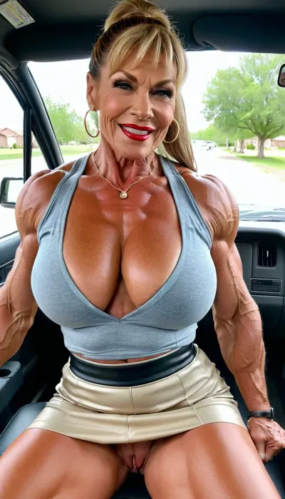 diva granny, in orgsam brutal smile, heavy massive milf, massive muscle woman, looks in oragsm rage, gilf in a car, ponytail with bangs hair, very big hanging round massive boobs, bodybuilding massive legs very muscle stiration, business gilf, showing her pussy with spreading legs, she is fucking my dick, naked, uberfit, muscular, athletic, red lips, wearing a shirt and skirt, <lora:uberfit_lora_sdxl:.2>