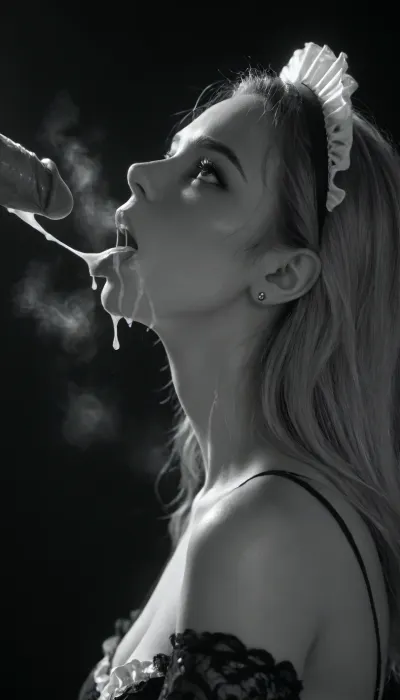 score_9, score_8_up, score_7_up, (close up), long blonde hair, (steam on beautiful woman's mouth:1.4), seven inches penis, (standing up straight), excessive cum, dripping on to sexy faced girl, cum, (looks with love and happy), (((profile view))), cum shooting, cum dripping, (((lace black housemaid clothes))), (woman 20yo kneeling), (woman looking up at man), (ban haircut), (((black silhouette))), (((monochrome:1.9))), heavy natural droplets breasts, (black background), backlight, style, hair, light, <lora:206223_training_data:2>, tongue, out, ahegao, drool, <lora:ahegao_mr_chrisma:.5>