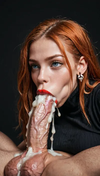 (69 position:1.4), (large veiny cock), curvy, black cotton shirt with turtleneck, wide hips, dark room, black background, blowjob, deepthroat, (detailed mouth), enjoying, tiny earrings, red lipstick, long ginger sleek hair, full lips, throat blowjob, huge cock, 20 inch penis, big testicles, she touches his testicles, (stretches the throat:1.1), throat bulge, sucking a huge 20 inch penis, ballsdeep, throated, skullfuck, squeezing his balls, cumshot, cum explosion in mouth, leaking excessive cum, excessive cum on testicles, excessive cum dripping from penis, excessive cum on face.