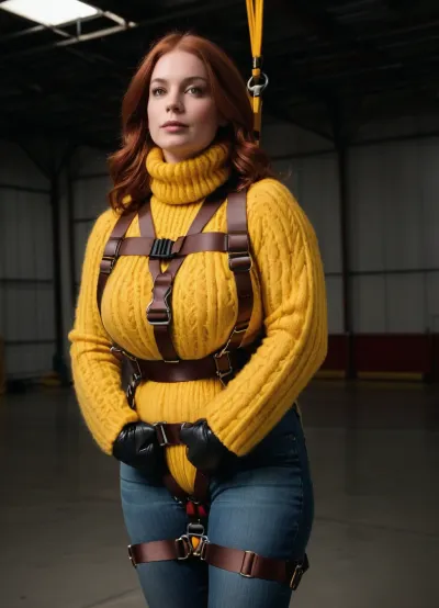 (Heavy parachute harness with very many thick dark brown straps:1.4), close up body view from the side, slightly chubby redhead with perky tits and a fat ass, hands behind her back, (wearing a fluffy thick yellow irish wool turtleneck sweater and tight long stonewashed jeans:1.2), (wearing a safety parachute harness with many dark brown puffy nylon straps:1.4), hanging in her harness from the ceiling of an immense airplanehangar, suspended in the parachute harness high above the floor, hands in bondage gloves strapped behind her back, bondage cuffed, no nipples, no canopy, best quality, timberland shoes, perfect lighting, ultra high detail, <lora:bdsm_SDXL_1_:1>
