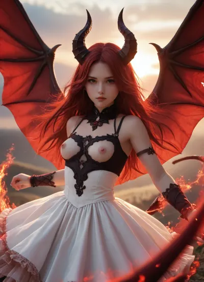 demon girl, detailed face, tits cutout, demon skin, reddish hair, long hair, big tits, pink nipples, action pose, masterpiece, 1/3 body view, sexy, horny, sunset, magic aura, lighting, serious, 21 years old, demon wings, demon tail, prismatic coloring, dress, flying, gothic background, (long straight horns:1.2), beautiful girl, <lora:xl_yamer_style-3.0:.1>