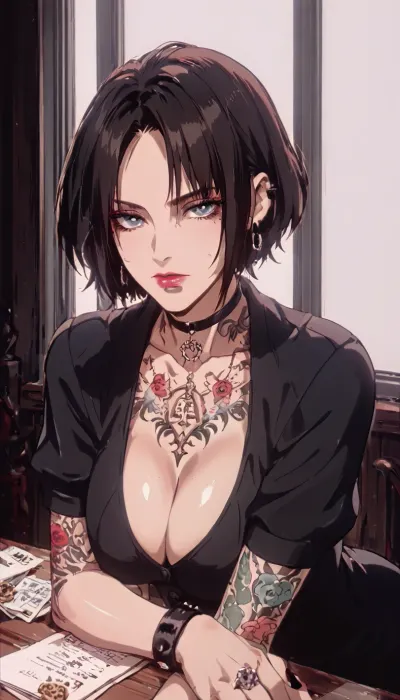 (Jill from Resident Evil), goth, tattoos, (leaning over table), front view, (big tits:1.3), (cleavage teacher outfit), score_9, score_8_up, score_7_up, score_6_up, <lora:NEOTOKIOXL_0.2_RC:1.5>, <lora:cartoon_stickers_xl_v1:.5>