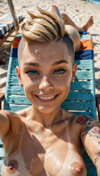 masterpiece, best quality, high resolution, hires, score_9, score_8_up, score_7_up, score_6_up, solo, (selfie), close up, upside down, very cute, cute horny smile, ((long undercut, one side shaved hairstyle blonde hair)), skinny naked, cute, medium breasts, nipples, (beautiful skinny body), tan lines, sweat, tattoos, blue eyes, looking at viewer, laying on back, laying on beach chair, detailed, day, beach, upside, down, one, face, <lora:face_upsidedown:.5>, pov_deepthrt, deepthroating, a, man's, penis, blsdp, <lora:concept_pov_dt_xl2-000020:.5>