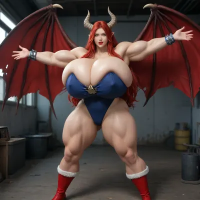 1girl, {{{{unbelievably mega gigantic colossal hypermuscles}}}}, {{{{unbelievably mega gigantic colossal hyperbreasts}}}}, {{{{unbelievably mega gigantic colossal hypernipples}}}}, {{{{unbelievably mega gigantic colossally swollen hyper-camel-toe}}}} DC Comic books, Superhero, Superheroine, standing in a high-tech, super science laboratory, unlimited magical growth and unrealistically distorted body part sizes, dark red skin, cascading extremely long curly dark crimson red hair, 10' tall, Tiefling Succubus amazon giantess with gigantic massive colossally muscular hyper-muscles with gigantic colossally muscular huge arm muscles, wearing a blue and white skintight ripped Superhero costume, porn star erotic model huge gigantic perky extremely round wide diameter hyper breasts boobs under the superhero costume, sexy female face, huge massive thick black spiral-shaped horns on her heard, a very short thick demon tail slightly curving behind her with a spade shaped tip at the end, pumped-up breasts, pumped-up muscles, huge massive colossal gigantic demon wings on her back reaching over halfway to the ground and rising above her head and flaring out to either side of her, gigantic sized muscular shoulders, extremely slim waist, unbelievably long and deep cleavage firmly pressed together, wide plush hips, gigantic bubble-butt, gigantic muscular girl, include extreme female hyper-muscle growth with supersized biceps and triceps and gigantic muscles bulging and ripping out of her top, extreme female hyper-breast growth to gigantic colossal perfectly round super-firm breasts firmly thrusting directly straight out from her chest, her breasts are so firm and rounded that they cover everything from base of her neck down to where they touch the middle of her thighs and stick out to beyond her arms, extremely long narrow deep cleavage, both breasts pressed firmly together, her of her costume, gigantic super-perky nipples tenting the fabric of the costume that covers them by thrusting upward from her breasts, gigantic arms, gigantic legs, extreme female muscle growth, each breast a thousand feet in diameter, each bicep and triceps five hundred feet in diameter, each breast's volume a thousand times her body mass, Biceps and Triceps volume a thousand times greater than body mass, Nipple volume greater than her body, colossal biceps, extreme breast growth, extreme nipple growth, extreme lactation, high volume lactation causing milk to gush from each nipple, massively swollen breasts, overfilled breasts, gigantic prominent noticeably swollen and bulging camel-toe with an extremely long massive slit, entire body volume greater than a thousand times more than a normal person, extremely noticeably prominent steroid muscle growth creating gigantic oversized slabs of muscles all over her body, gigantic prominent black areola bulging out from under each superhero costume covered nipple