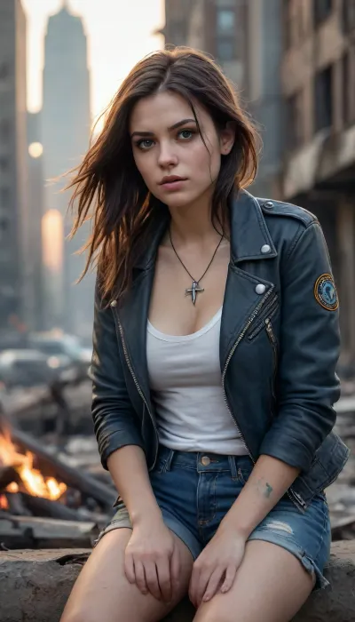Post-apocalyptic street scene, 8k resolution, ultra-high detail, hyperrealistic, cinematic lighting, sharp focus, anti-aliasing, a sultry young female stalker with flowing raven hair, piercing, plump lips, and scars on her thigh sits by a dying campfire in a ruined city. She wears a worn leather jacket and shorts, white t-shirt, a compass amulet around her neck. Background, crumbling skyscrapers, overgrown vegetation, misty haze, orange glow from embers contrasting with cold blue-gray tones. No pixelation, no compression artifacts, realistic textures, depth of field., p13rc1ng, lip, piercings