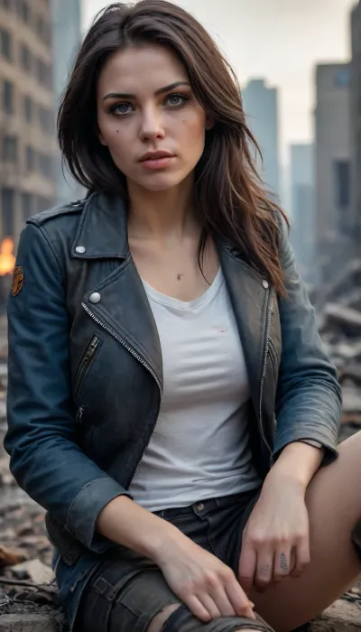 Post-apocalyptic street scene, 8k resolution, ultra-high detail, hyperrealistic, cinematic lighting, sharp focus, anti-aliasing, a sultry young female stalker with flowing raven hair, piercing, plump lips, and scars on her thigh sits by a dying campfire in a ruined city. She wears a worn leather jacket and shorts, white t-shirt, a compass amulet around her neck. Background, crumbling skyscrapers, overgrown vegetation, misty haze, orange glow from embers contrasting with cold blue-gray tones. No pixelation, no compression artifacts, realistic textures, depth of field., p13rc1ng, lip, piercings