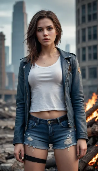 Post-apocalyptic street scene, 8k resolution, ultra-high detail, hyperrealistic, cinematic lighting, sharp focus, anti-aliasing, HDR, lossless PNG. A sultry young 18 yo female stalker with flowing raven hair, piercing, plump lips, and scars on her thigh sits by a dying campfire in a ruined city. She wears a worn leather jacket and shorts, white t-shirt, a compass amulet around her neck. Background, crumbling skyscrapers, overgrown vegetation, misty haze, orange glow from embers contrasting with cold blue-gray tones. No pixelation, no compression artifacts, realistic textures, depth of field., p13rc1ng, lip, piercings