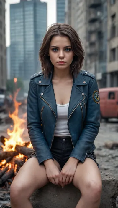 `Post-apocalyptic street scene, 8k resolution, ultra-high detail, hyperrealistic, cinematic lighting, sharp focus, anti-aliasing, HDR, lossless PNG. A sultry young female stalker with flowing raven hair, azure eyes, plump lips, and scars on her legs sits by a dying campfire in a ruined city. She wears a worn leather jacket and shorts, a compass amulet around her neck. Background, crumbling skyscrapers, overgrown vegetation, misty haze, orange glow from embers contrasting with cold blue-gray tones. No pixelation, no compression artifacts, realistic textures, depth of field., p13rc1ng, lip, piercings