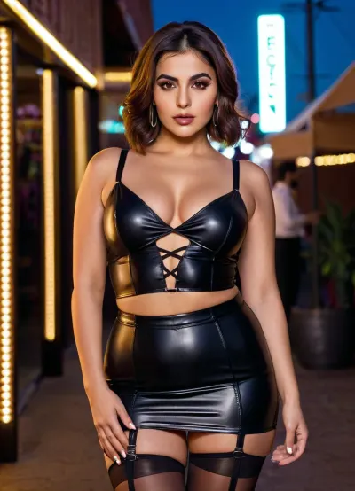 "A stunning Iranian curvy woman with short straight brown hair, seductive makeup, and deep, mesmerizing eyes. She is wearing a sexy black criss-cross front top that reveals her cleavage, paired with a tight black latex mini skirt. She also wears sheer tan thigh-high stockings that accentuate her legs. She stands confidently in an urban night setting with colorful neon lights glowing in the background, creating a sensual and vibrant atmosphere. In her hands, she holds a cardboard sign that reads, 'Persian Slut For Arab' written in bold black letters."
