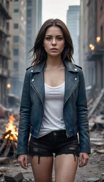 Post-apocalyptic street scene, 8k resolution, ultra-high detail, hyperrealistic, cinematic lighting, sharp focus, anti-aliasing, a sultry young female stalker with flowing raven hair, piercing, plump lips, and scars on her thigh sits by a dying campfire in a ruined city. She wears a worn leather jacket and shorts, white t-shirt, a compass amulet around her neck. Background, crumbling skyscrapers, overgrown vegetation, misty haze, orange glow from embers contrasting with cold blue-gray tones. No pixelation, no compression artifacts, realistic textures, depth of field., p13rc1ng, lip, piercings