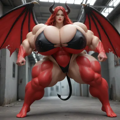 1girl, {{{{unbelievably mega gigantic colossal hypermuscles}}}}, {{{{unbelievably mega gigantic colossal hyperbreasts}}}}, {{{{unbelievably mega gigantic colossal hypernipples}}}}, {{{{unbelievably mega gigantic colossally swollen hyper-camel-toe}}}} DC Comic books, Superhero, Superheroine, standing in a high-tech, super science laboratory, unlimited magical growth and unrealistically distorted body part sizes, dark red skin, cascading extremely long curly dark crimson red hair, 10' tall, Tiefling Succubus amazon giantess with gigantic massive colossally muscular hyper-muscles with gigantic colossally muscular huge arm muscles, wearing a blue and white skintight ripped Superhero costume, porn star erotic model huge gigantic perky extremely round wide diameter hyper breasts boobs under the superhero costume, sexy female face, huge massive thick black spiral-shaped horns on her heard, a very short thick demon tail slightly curving behind her with a spade shaped tip at the end, pumped-up breasts, pumped-up muscles, huge massive colossal gigantic demon wings on her back reaching over halfway to the ground and rising above her head and flaring out to either side of her, gigantic sized muscular shoulders, extremely slim waist, unbelievably long and deep cleavage firmly pressed together, wide plush hips, gigantic bubble-butt, gigantic muscular girl, include extreme female hyper-muscle growth with supersized biceps and triceps and gigantic muscles bulging and ripping out of her top, extreme female hyper-breast growth to gigantic colossal perfectly round super-firm breasts firmly thrusting directly straight out from her chest, her breasts are so firm and rounded that they cover everything from base of her neck down to where they touch the middle of her thighs and stick out to beyond her arms, extremely long narrow deep cleavage, both breasts pressed firmly together, her of her costume, gigantic super-perky nipples tenting the fabric of the costume that covers them by thrusting upward from her breasts, gigantic arms, gigantic legs, extreme female muscle growth, each breast a thousand feet in diameter, each bicep and triceps five hundred feet in diameter, each breast's volume a thousand times her body mass, Biceps and Triceps volume a thousand times greater than body mass, Nipple volume greater than her body, colossal biceps, extreme breast growth, extreme nipple growth, extreme lactation, high volume lactation causing milk to gush from each nipple, massively swollen breasts, overfilled breasts, gigantic prominent noticeably swollen and bulging camel-toe with an extremely long massive slit, entire body volume greater than a thousand times more than a normal person, extremely noticeably prominent steroid muscle growth creating gigantic oversized slabs of muscles all over her body, gigantic prominent black areola bulging out from under each superhero costume covered nipple