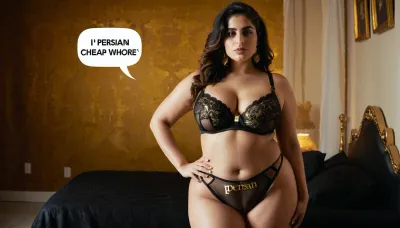 A full body image of a white Iranian curvy slut, in black and gold lingerie, A white speech bubble above her head with clear and legible black text that says, 'I'm Persian cheap whore"
