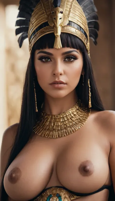 cinematic film still of, Cleopatra a closeup of a sexy woman with a headdress and a feathered headpiece staring at camera Queen of the Ptolemaic Kingdom of Egypt, shallow depth of field, vignette, highly detailed, high budget, bokeh, cinemascope, moody, epic, gorgeous, film grain, grainyQueen Cleopatra, (huge natural breasts, armored nipples, beautiful perfect body, elastic ass, bright makeup), sits majestically on a throne of her servants, a throne of servants' bodies, thresholds to the throne of servants' bodies, <lora:cinematic Cleopatra style v1:1.2>, <lora:chest_adjust:.3>