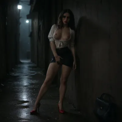 rich color palette, masterpiece, score_9, score_8_up, score_7_up, score_6_up, ((1 girl alone)), ((black handbag on the floor)), ((very rainy night)), ((full body)), ((heavy rain)), ((woman is in the shadows)), ((very narrow dark alley)), ((mascara running down face)), ((rain streaks down her body)), ((deep red lipstick)), ((tits clothed)), ((red high heel shoes)), (((slim body))), ((light from street lighting lights the woman's body)), ((light reflects off the woman's wet body)), ((heavy shadow)), ((raining very heavily)), a woman around 35-year-old, ((lighting is minimal)), ((dark shadow)), ((deep shadow)), (((standing and leaning against wall))), ((horny slut)), ((her back is against a wall)), ((sideways to the camera)), ((body at 45 degrees to the wall)), ((her legs a little spread)), ((knees partially bent)), ((highly aroused)), ((looking at the viewer)), ((soaking wet clothes are soaking cling to wet body)), (no bra), ((very wet hair)), ((very wet clothes)), ((very wet body)), (((huge orgasm))), ((wet skin)), ((rain on skin)), ((shiny skin)), ((legs apart slightly)), ((white blouse)), ((massive tits and hard nipples are visible through the material)), ((black mini skirt is raised)), ((fingers in pussy)), ((orgasm)), dark, horror, black, 1girl, Short, Layered, Bob, fingering, pussy, <lora:2FingersSDXL_v03:.5>, orgasmface, <lora:orgasmface_SDXL:.5>, ruined, makeup, <lora:ruined1:.5>, hvrn, heavy, rain, <lora:607315_training_data:.5>, <lora:dark:.5>