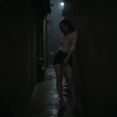 rich color palette, masterpiece, score_9, score_8_up, score_7_up, score_6_up, ((1 girl alone)), ((black handbag on the floor)), ((very rainy night)), ((full body)), ((heavy rain)), ((woman is in the shadows)), ((very narrow dark alley)), ((mascara running down face)), ((rain streaks down her body)), ((deep red lipstick)), ((tits clothed)), ((red high heel shoes)), (((slim body))), ((light from street lighting lights the woman's body)), ((light reflects off the woman's wet body)), ((heavy shadow)), ((raining very heavily)), a woman around 35-year-old, ((lighting is minimal)), ((dark shadow)), ((deep shadow)), (((standing and leaning against wall))), (skinny:1.1), ((horny slut)), ((her back is against a wall)), ((sideways to the camera)), ((body at 45 degrees to the wall)), ((her legs a little spread)), ((knees partially bent)), ((highly aroused)), ((looking at the viewer)), ((soaking wet clothes are soaking cling to wet body)), (no bra), ((very wet hair)), ((very wet clothes)), ((very wet body)), (((huge orgasm))), ((wet skin)), ((rain on skin)), ((shiny skin)), ((legs apart slightly)), ((white blouse)), ((massive tits and hard nipples are visible through the material)), ((black mini skirt is raised)), ((fingers in pussy)), ((orgasm)), dark, horror, black, 1girl, Short, Layered, Bob, fingering, pussy, <lora:2FingersSDXL_v03:.5>, orgasmface, <lora:orgasmface_SDXL:.5>, ruined, makeup, <lora:ruined1:.5>, hvrn, heavy, rain, <lora:607315_training_data:.5>, <lora:dark:.5>