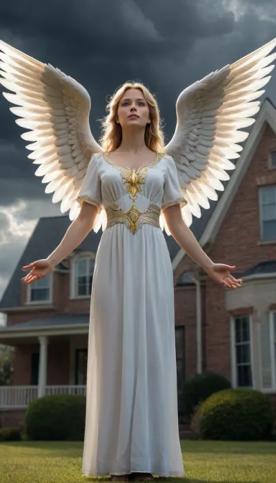 "A mighty angel standing by a large house, her radiant light warding off dark clouds and bringing divine protection.", 8k, photo realistic, hyper detailed