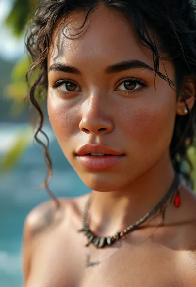 Photorealistic, 25-year-old Moana, huge breasts, stretch marks on boobs, saggy breasts, (((perfect face, realistic face, normal face))), ((Polynesian)), normal eyes, sexy eyes, realistic eyes, slut face, bimbo, <lora:MJ52:.8>