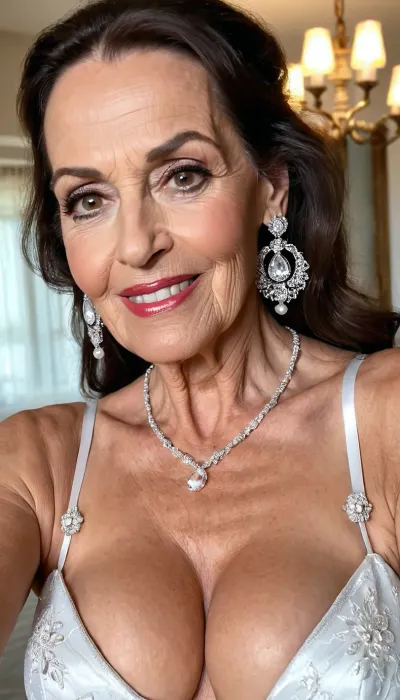 old granny mature, sexy 78 years old granny, dark brunette hair, long wave hair, glamour, big hoop earrings, necklace, big eyes, wide shoulders, thick body, curvy, very tall, wide and long jaw, tiny small saggy tits, extreme saggy boobs, looking at the camera, cute sexy smile face, huge black eyes, very hot and horny, seduction horny, selfie, bride costume