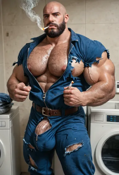 Masterpiece, HD, realistic, cinematic, a bblack beefy, bodybuilder male, bald hair and black long beard, hairy body, excessive hairy body, strong jaw, angry face, full lips, big lips, bic pecs, (big pecs:1.2), muscular abs, big biceps, in dirty landry place, wearing dark blue jumpsuit, unzipped jumpsuit, tools belt at waist, (torn jumpsuit:1.5), big bulge, bulging, (big bulge:1.3), huge flaccid penis flaccid through pants, angry expression, sexy posing to the viewer, hot teasing man, leanning on washing machine, smocking cigarette, (smoking cigarette), erotic, sweaty body, gay men, only gay, high angle view, <lora:Vending_machine_at_night:.9>