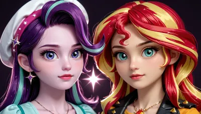 Starlight Glimmer, Sunset Shimmer and Sparkle, Equestria girls and my little pony, double exposure, soft light, glitter, fractals, <lora:add-detail-xl:.8>, gl0w1ngR, <lora:gl0w1ngR3(1)Civit:.8>, FanLan, <lora:FantasyLandscape-10:.8>