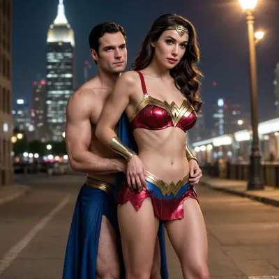 Superman and half naked Wonder Woman, Superman inserting his erect penis into Wonder Woman's vagina, first love, penetrative sex, penis in vagina full body view, hyperrealism, clear, super fine, sharp focus, best quality, masterpiece, intricate detail, natural skin texture, city at night, transparent, skirt, dress, jacket, bikini