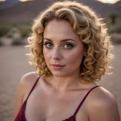 Portrait of 1woman, pretty, Caucasian, 40-years old, round face, ((perfect button nose), light reddish-blonde curly hair, ringlets, fair skin, big eyes, chubby, evening dress, love gaze, low-cut gown, at desert party)